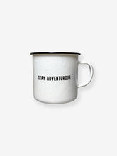Load image into Gallery viewer, Pictured is the back of the SMRT Tent white enamel mug with the words Stay Adventurous written in black. Enjoy your hot tea anywhere in your roof top tent! Available for purchase by SMRT Tent in Denver, Colorado, USA.
