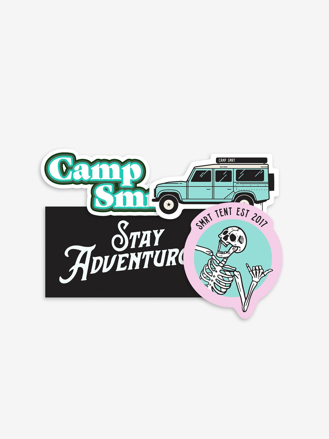 Pictured are the 4 stickers in the Cool Blue theme of our SMRT Tent Sticker Pack. Included are (1) Camp SMRT Retro Green and white sticker, (1) Camp SMRT Land Rover Defender 110 sticker in teal, (1) Classic rectangular Black and White Stay Adventurous sticker, and (1) Classy Pink & Teal Laughing Skeleton SMRT Tent EST 2017 sticker. Perfect for your roof top tent or water bottle! Available for sale by SMRT Tent in Denver, Colorado, USA.