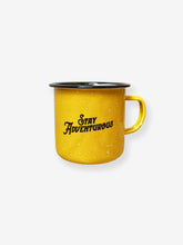 Load image into Gallery viewer, Pictured is the back of an enamel camping mug in yellow with a simple handle. The words Stay Adventurous are centered and written in black. Great anywhere your SMRT Tent roof top tent journey takes you! Available for sale by SMRT Tent in Denver, Colorado, USA.
