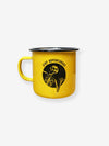 Pictured is the front of an enamel camping mug in yellow with a simple handle. The words Stay Adventurous are in black above a laughing skeleton in a black-filled circle frame. Great anywhere your SMRT Tent roof top tent journey takes you! Available for sale by SMRT Tent in Denver, Colorado, USA.