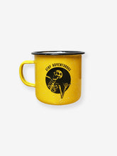 Load image into Gallery viewer, Pictured is the front of an enamel camping mug in yellow with a simple handle. The words Stay Adventurous are in black above a laughing skeleton in a black-filled circle frame. Great anywhere your SMRT Tent roof top tent journey takes you! Available for sale by SMRT Tent in Denver, Colorado, USA.
