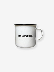Pictured is the back of the SMRT Tent white enamel mug with the words Stay Adventurous written in black. Enjoy your hot tea anywhere in your roof top tent! Available for purchase by SMRT Tent in Denver, Colorado, USA.